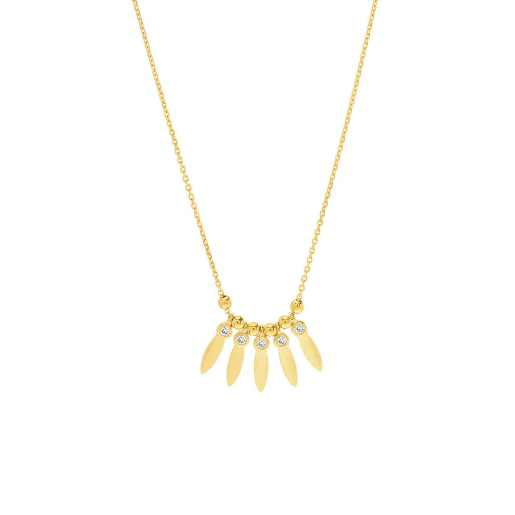 14K Gold Diamond Leaf Bezel and Bead Necklace