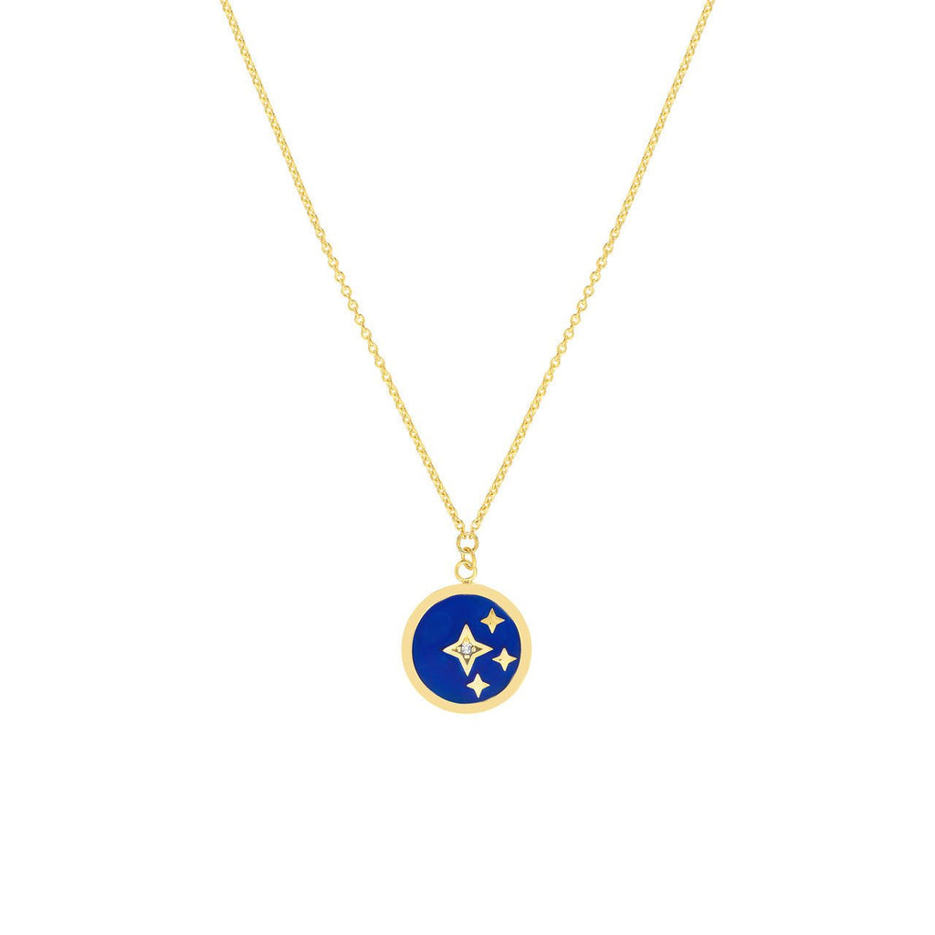 14K Gold Navy Blue Enamel Stars and Diamond Disc Pendant Necklace