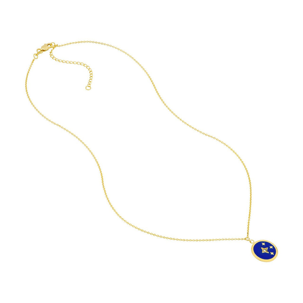 14K Gold Navy Blue Enamel Stars and Diamond Disc Pendant Necklace