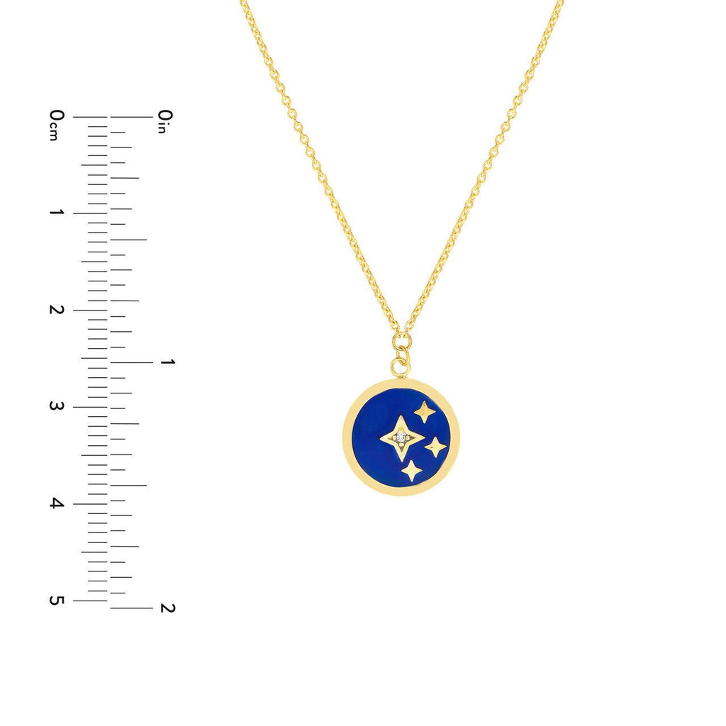 14K Gold Navy Blue Enamel Stars and Diamond Disc Pendant Necklace