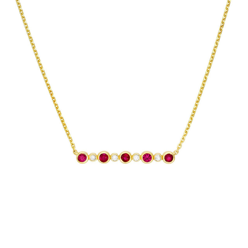 14K Gold Diamond and Ruby Bezel Bar Pendant Necklace