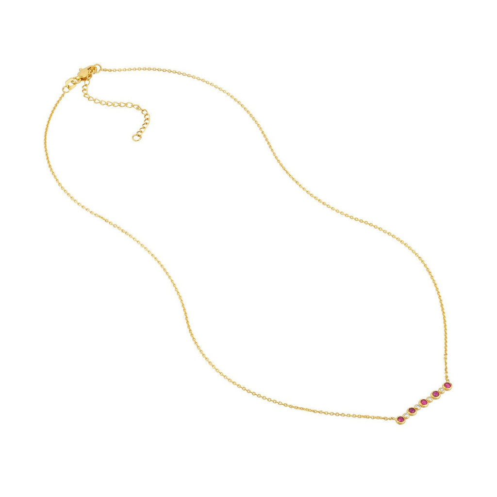 14K Gold Diamond and Ruby Bezel Bar Pendant Necklace