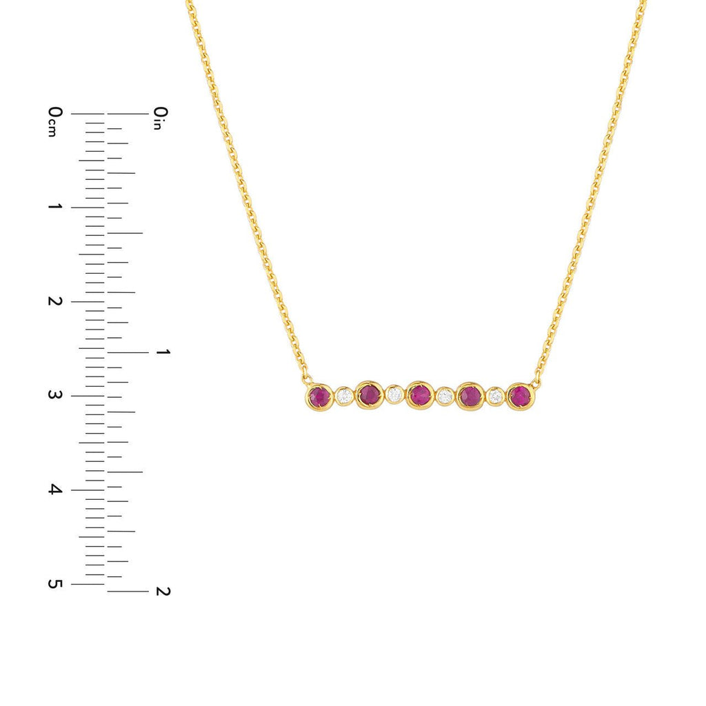 14K Gold Diamond and Ruby Bezel Bar Pendant Necklace