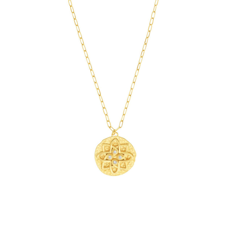 14K Gold Hammered Floral Diamond Plate Pendant Necklace