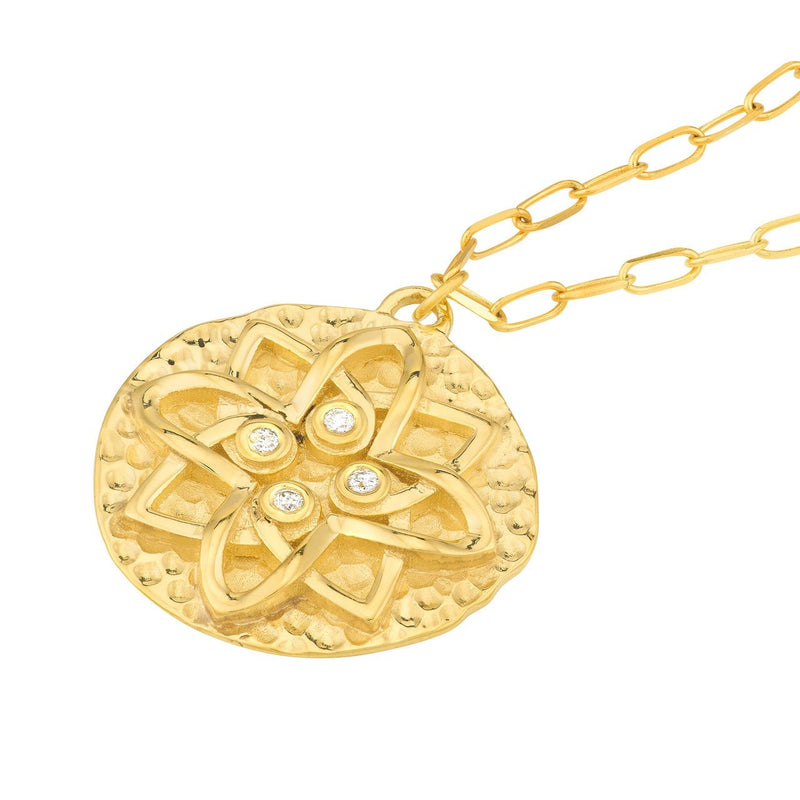 14K Gold Hammered Floral Diamond Plate Pendant Necklace