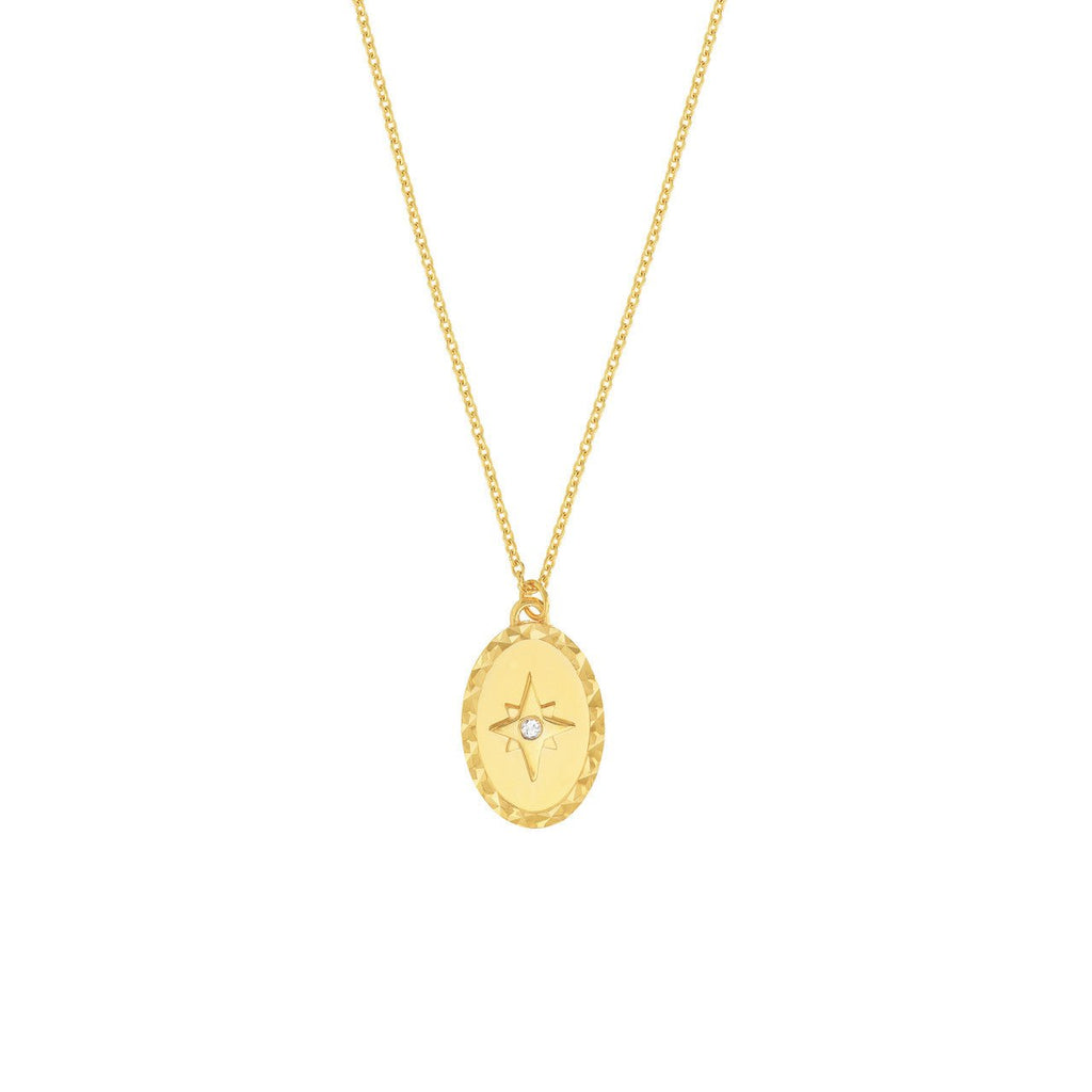 14K Gold North Star Diamond Oval Pendant Necklace