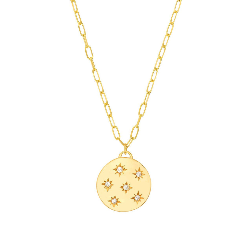 14K Gold Diamond Star Disk Pendant Necklace