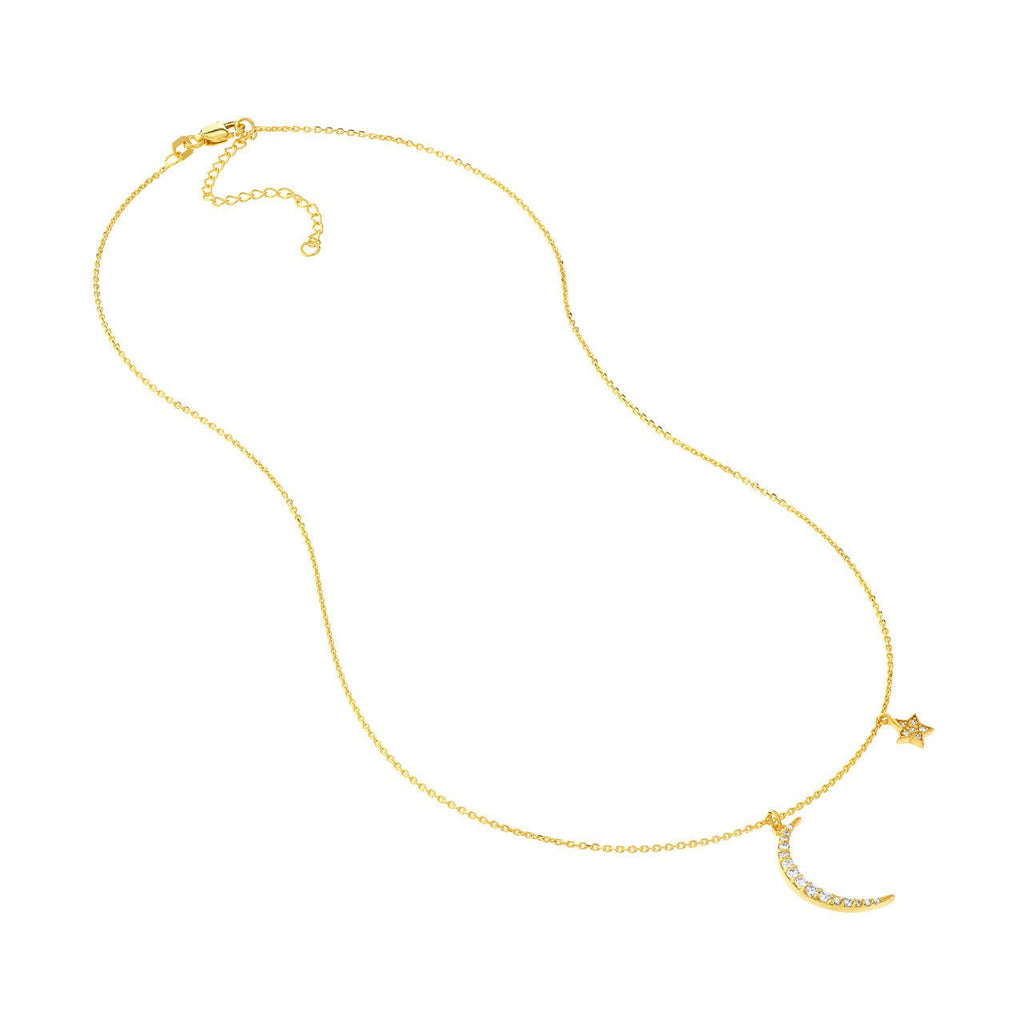 14K Gold Diamond Moon Pendant and Star Charm Necklace