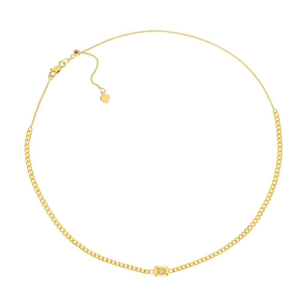 14K Gold Raised Diamond Bezel Curb Chain Choker