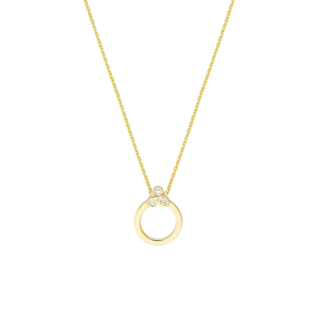 14K Gold Three Stone Diamond Halo Pendant Necklace