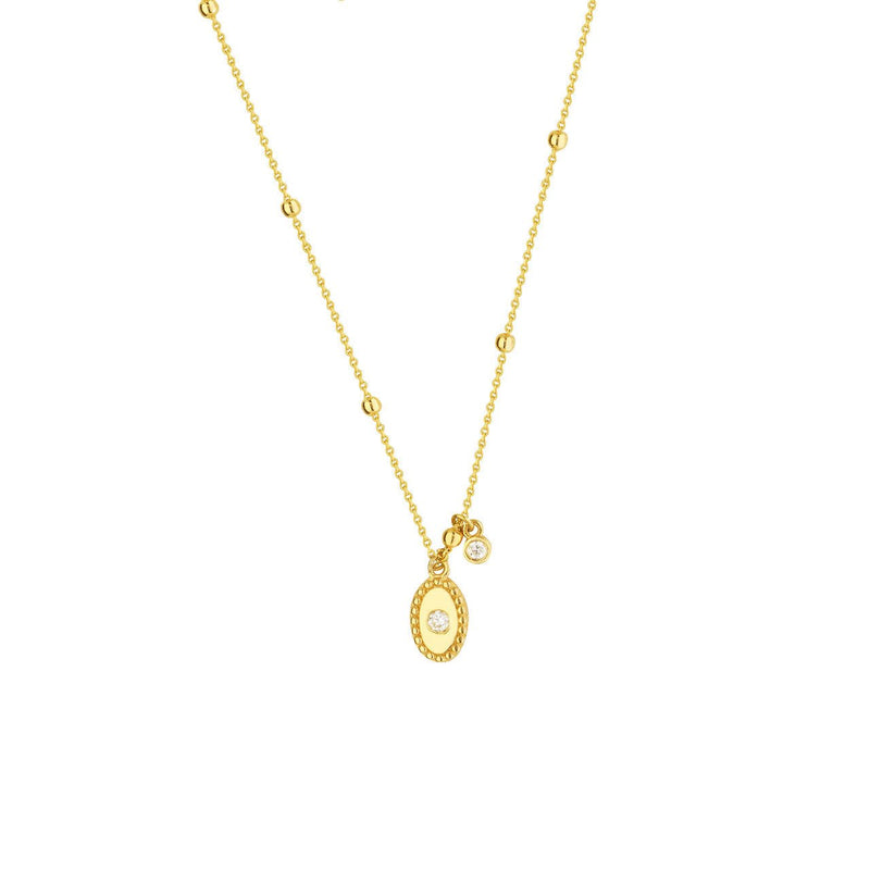 14K Gold Diamond Oval Bead Frame Pendant Necklace