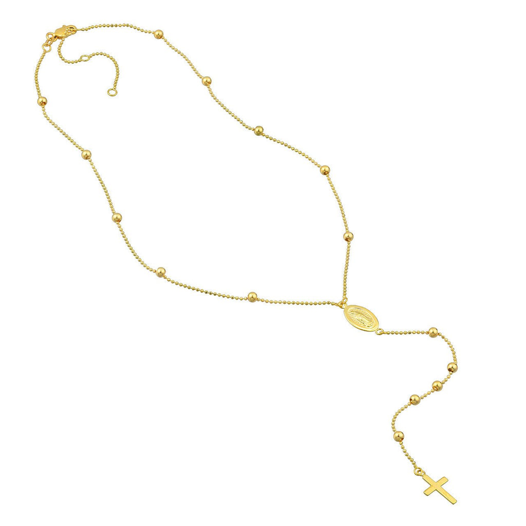 14K Gold Virgin Mary with Cross Beaded Necklace