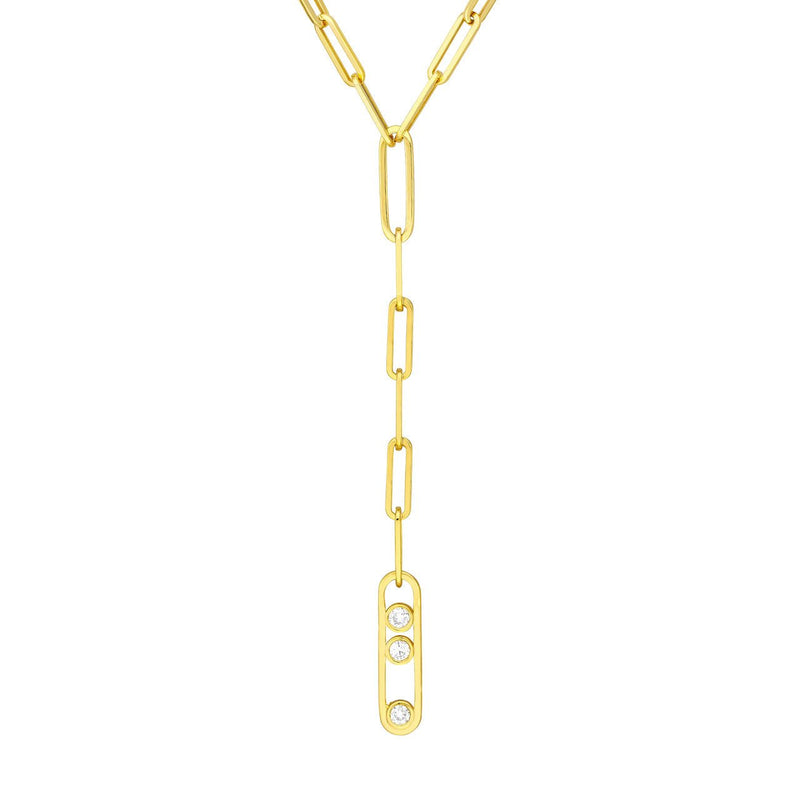 14K Gold Diamond Paper Clip Bezel Trio Lariat Necklace