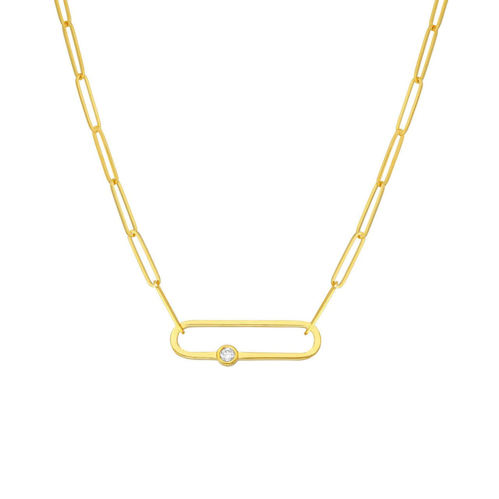 14K Gold Diamond Bezel Paper Clip Pendant Necklace