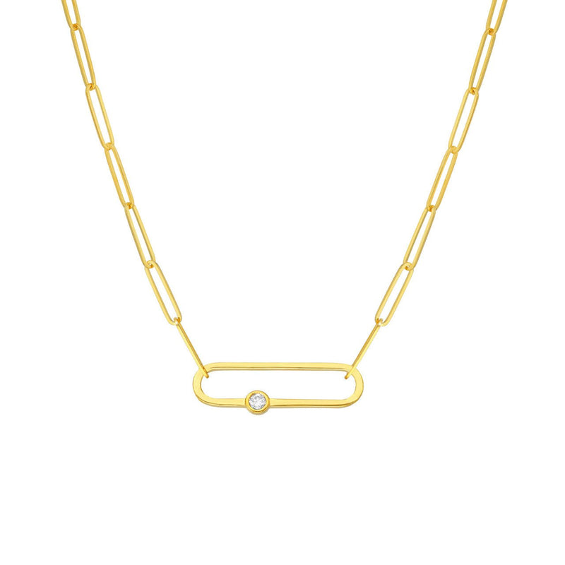 14K Gold Diamond Bezel Paper Clip Pendant Necklace