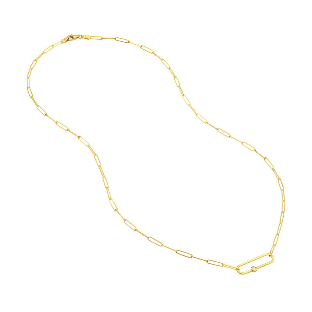 14K Gold Diamond Bezel Paper Clip Pendant Necklace