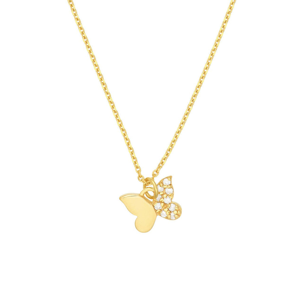 14K Gold Half Diamond Butterfly Pendant Necklace
