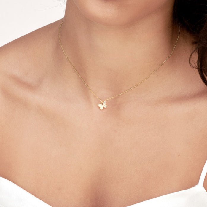 14K Gold Half Diamond Butterfly Pendant Necklace