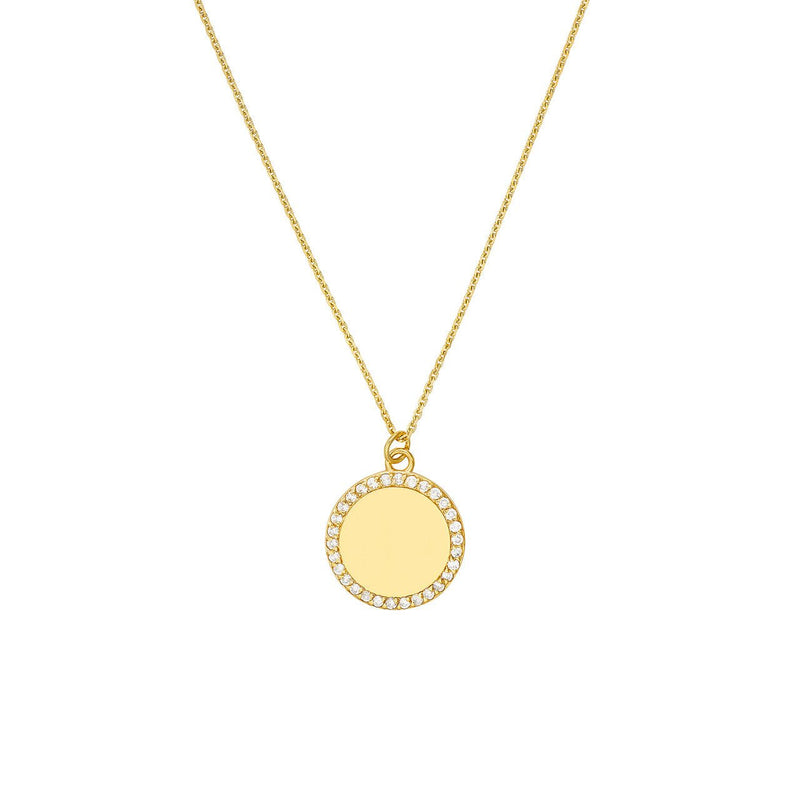 14K Gold Diamond Framed Disk Pendant Necklace