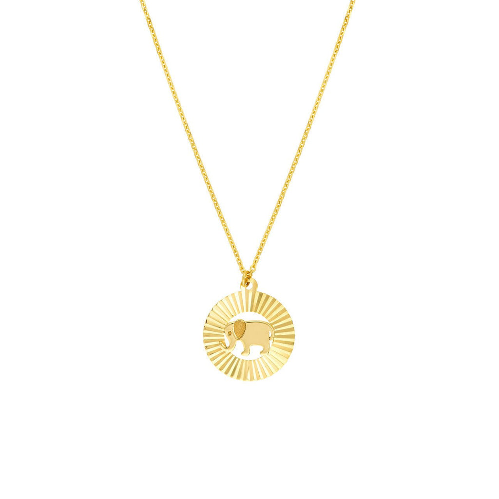 14K Gold Fluted Elephant Disc Pendant Necklace