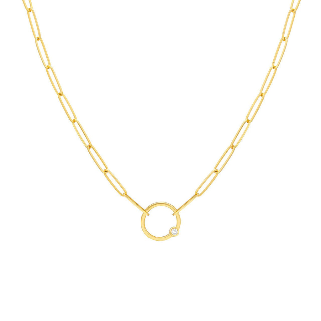 14K Gold Bezel Diamond Ring Pendant Paper Clip Necklace