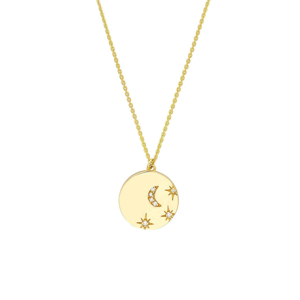 14K Gold Moon and Stars Medallion Pendant Necklace