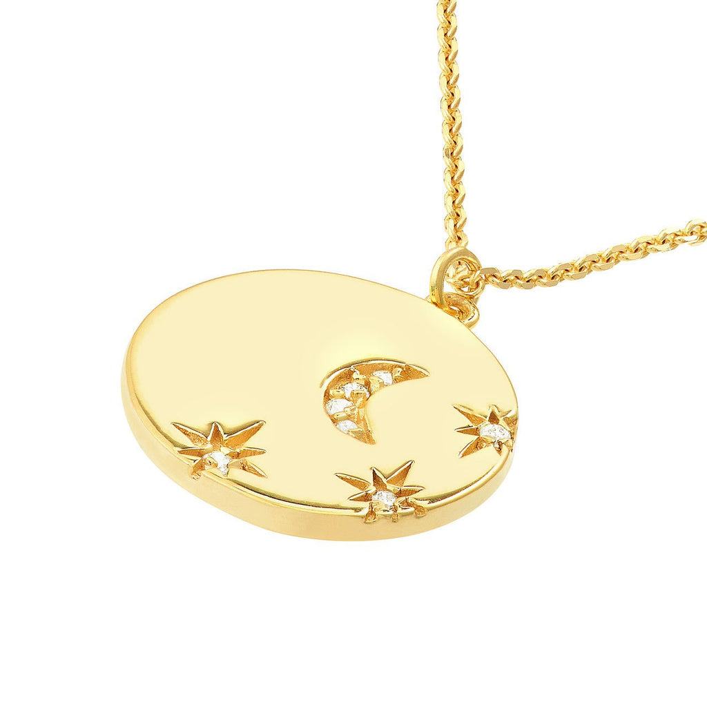 14K Gold Moon and Stars Medallion Pendant Necklace