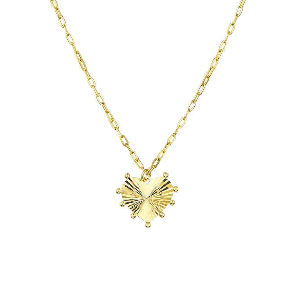 14K Gold Bead-Trim Fluted Heart Pendant Necklace