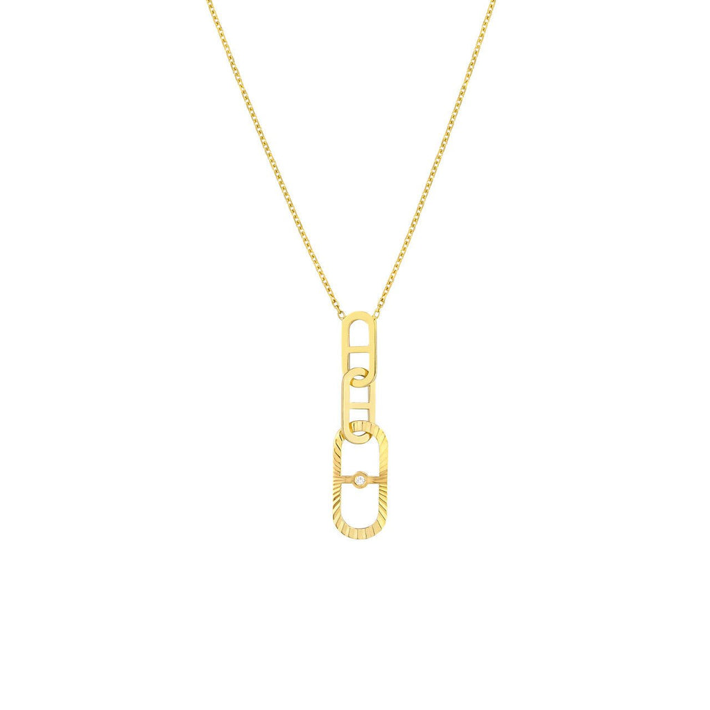 14K Gold Diamond Fluted Tab Link Pendant Necklace