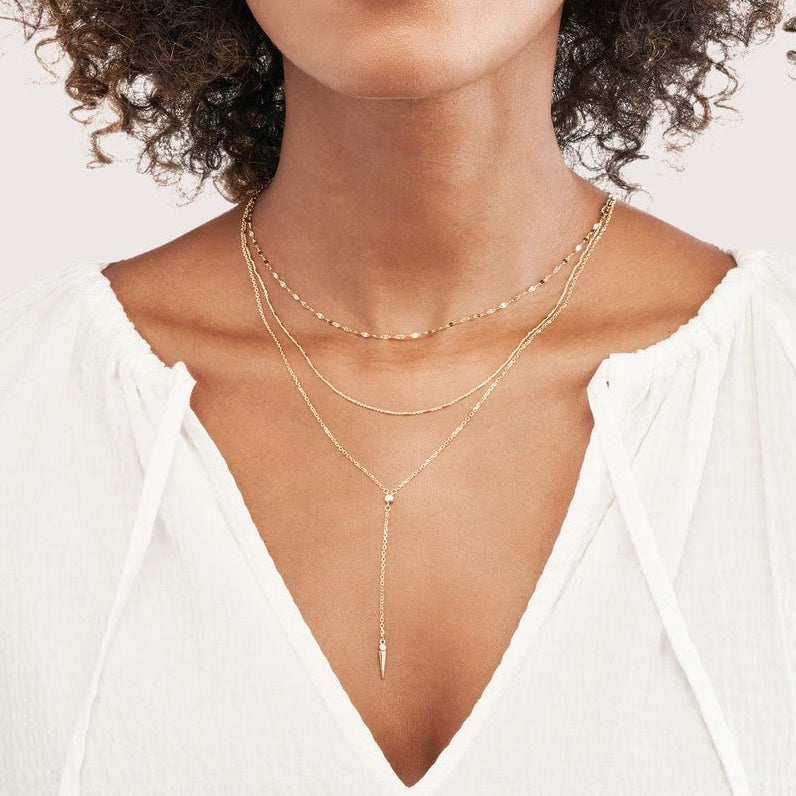 14K Gold Multi Layered Diamond Spike Lariat Necklace