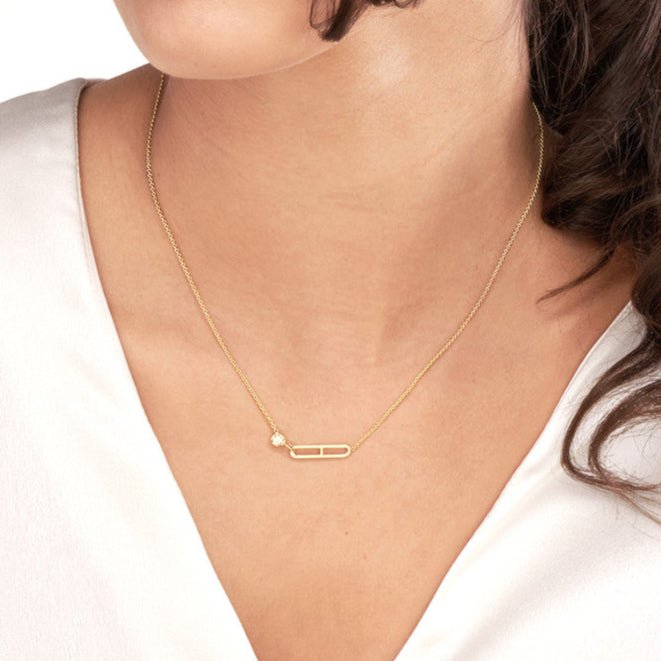 14K Gold Paper Clip Style and Diamond Bezel Pendant Necklace