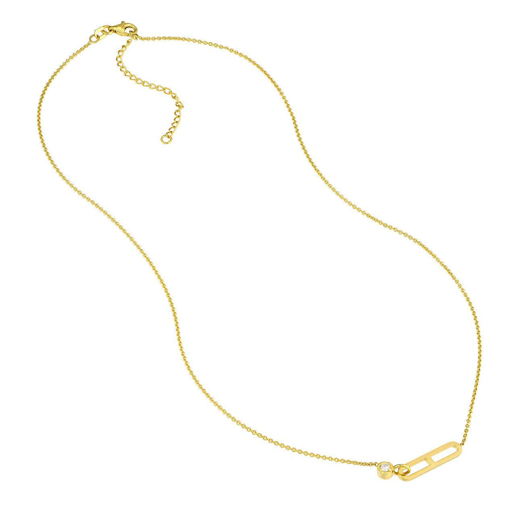14K Gold Paper Clip Style and Diamond Bezel Pendant Necklace