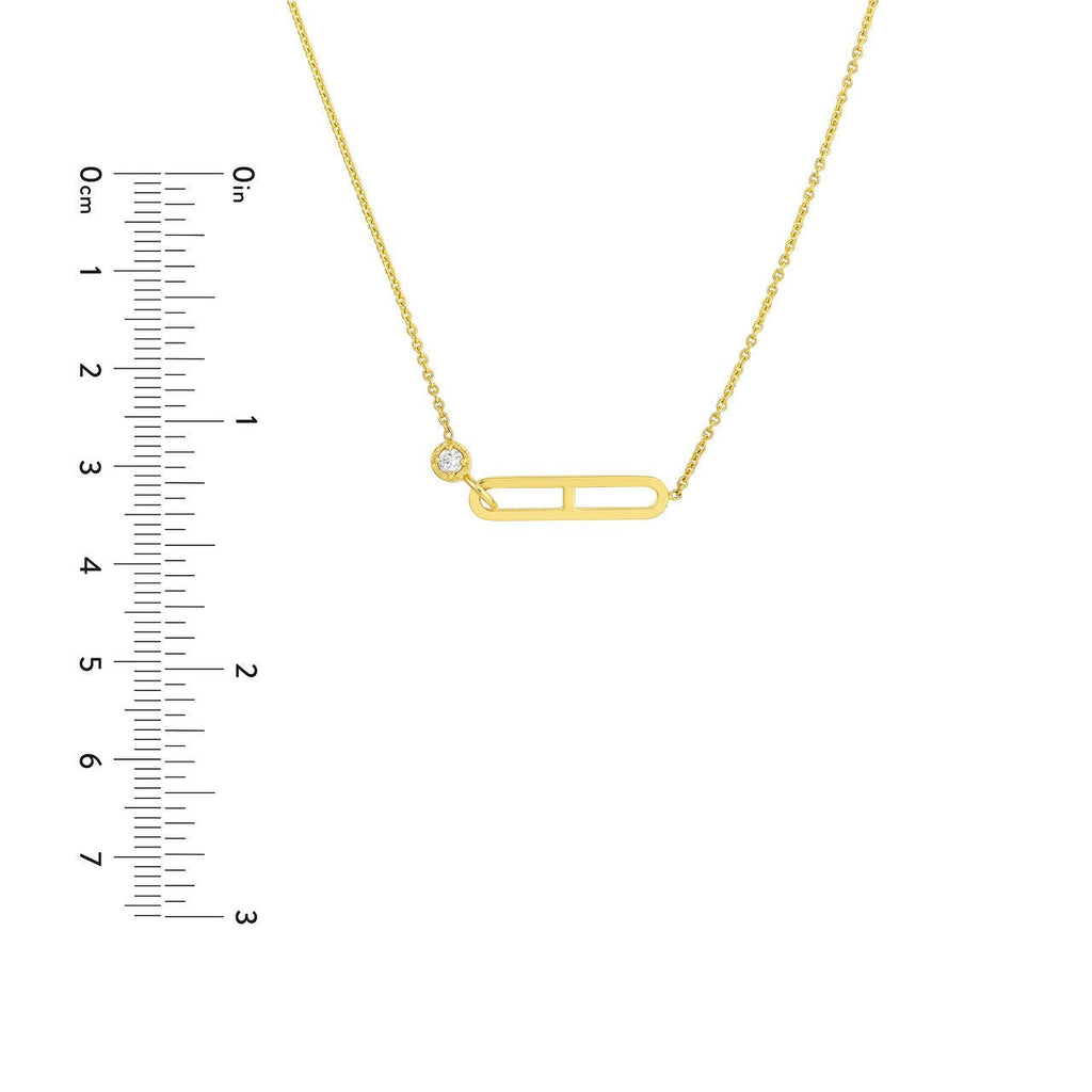 14K Gold Paper Clip Style and Diamond Bezel Pendant Necklace