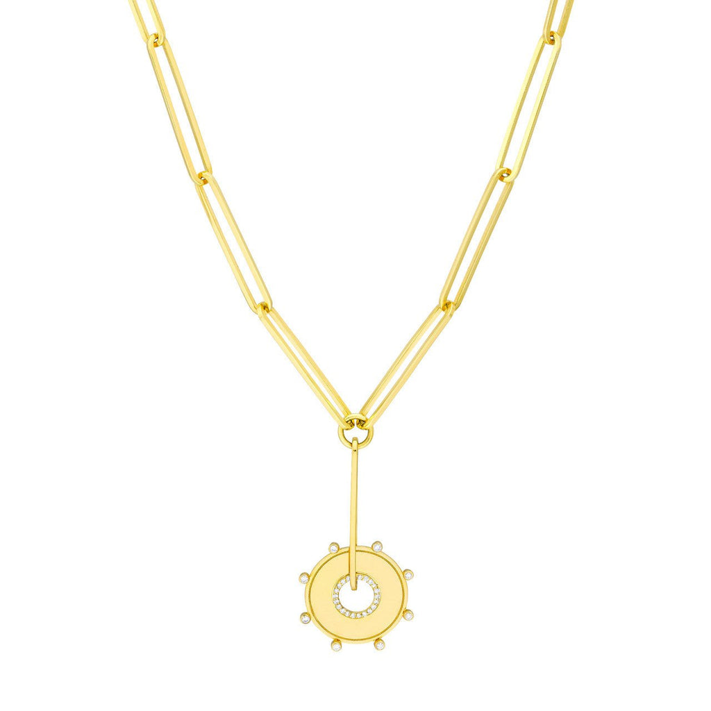 14K Gold Diamond Bezel Trim Disk Diamond Lariat Pendant Necklace