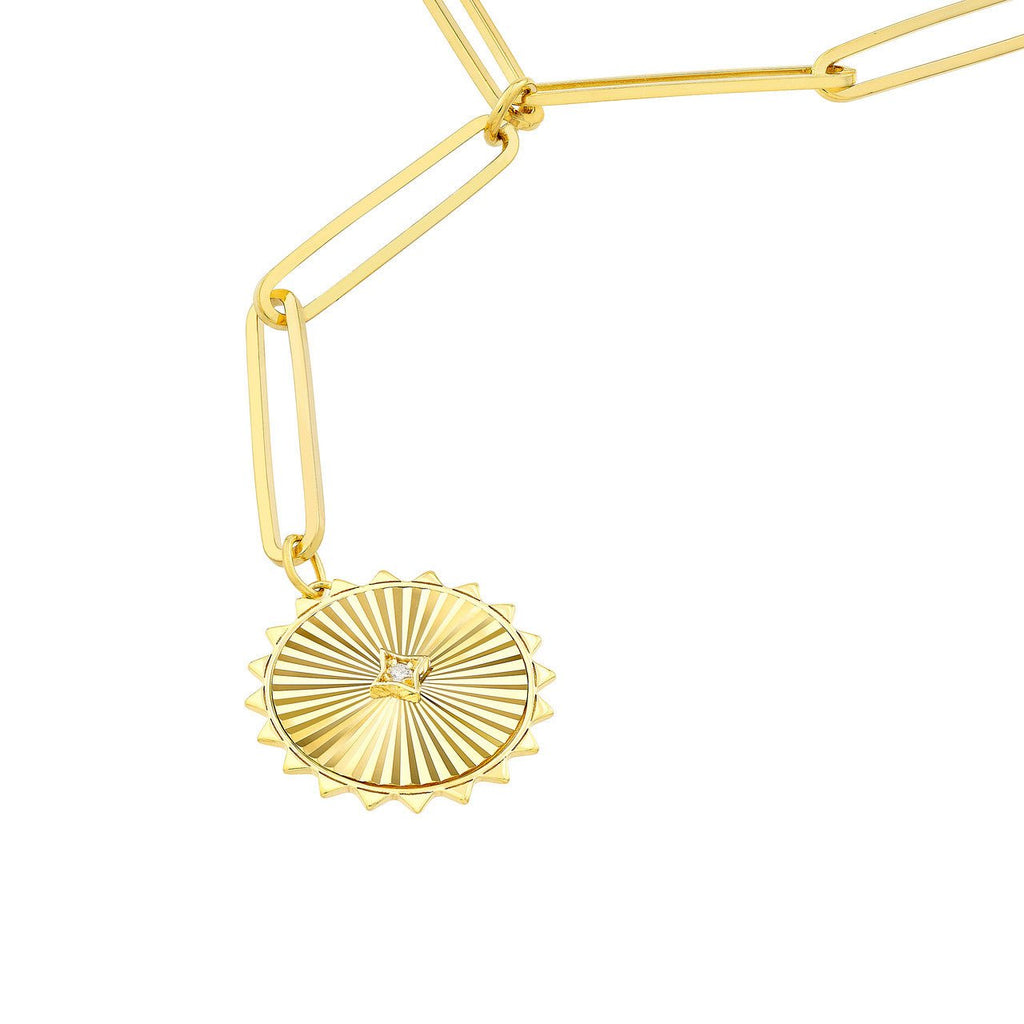 14K Gold Fluted Diamond Sun Shape Pendant Lariat Paper Clip Necklace