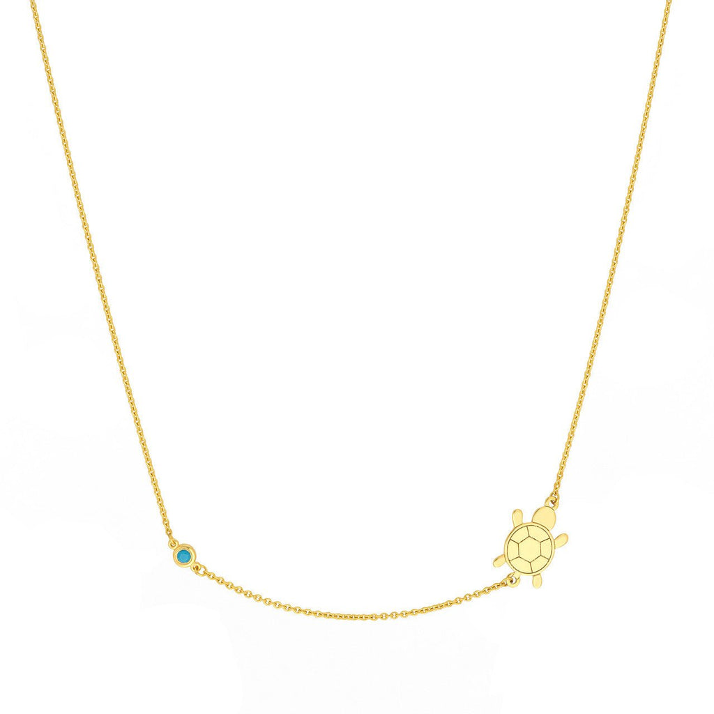 14K Gold Floating Turtle and Turquoise Bezel Necklace