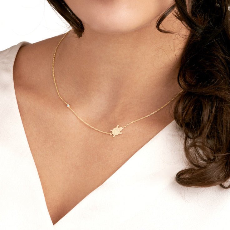 14K Gold Floating Turtle and Turquoise Bezel Necklace