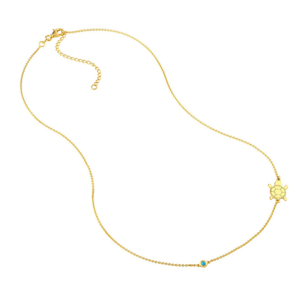 14K Gold Floating Turtle and Turquoise Bezel Necklace