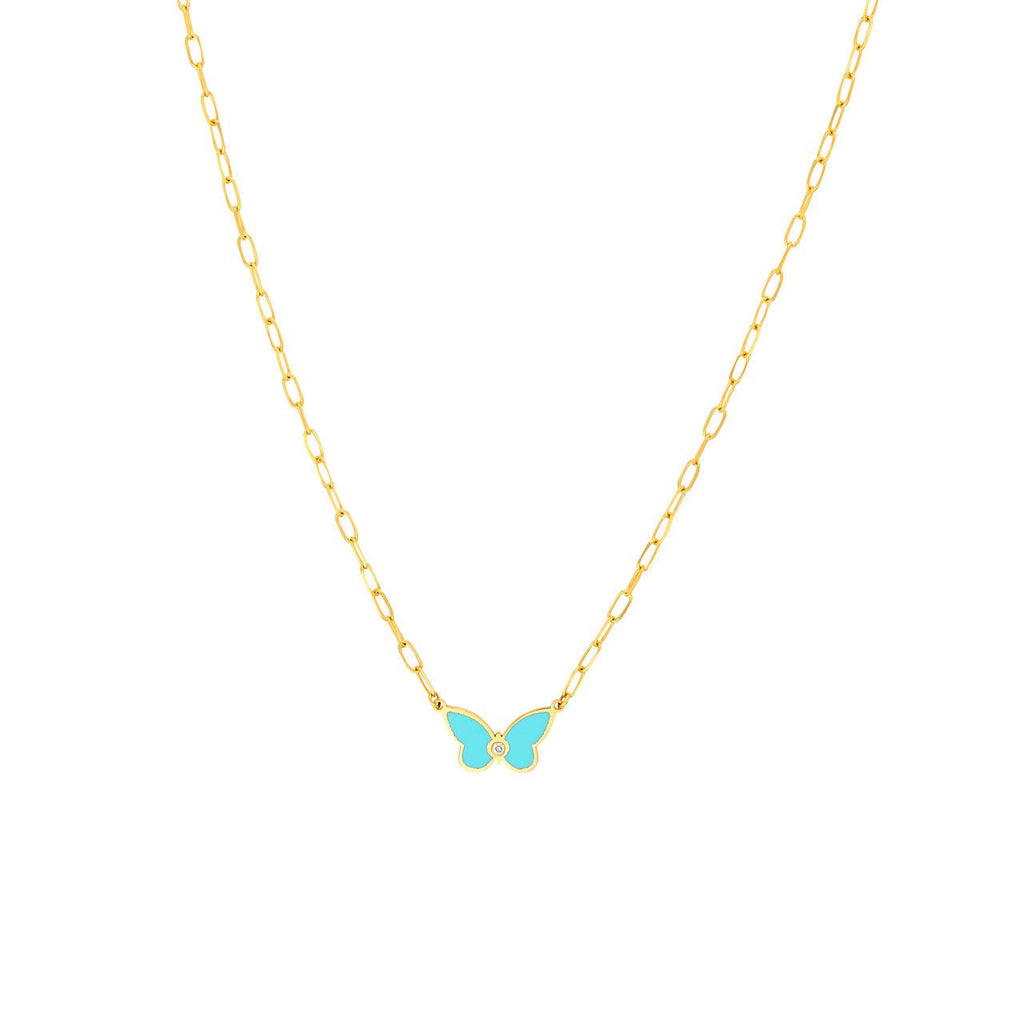 14K Gold Turquoise and Diamond Butterfly Pendant Necklace