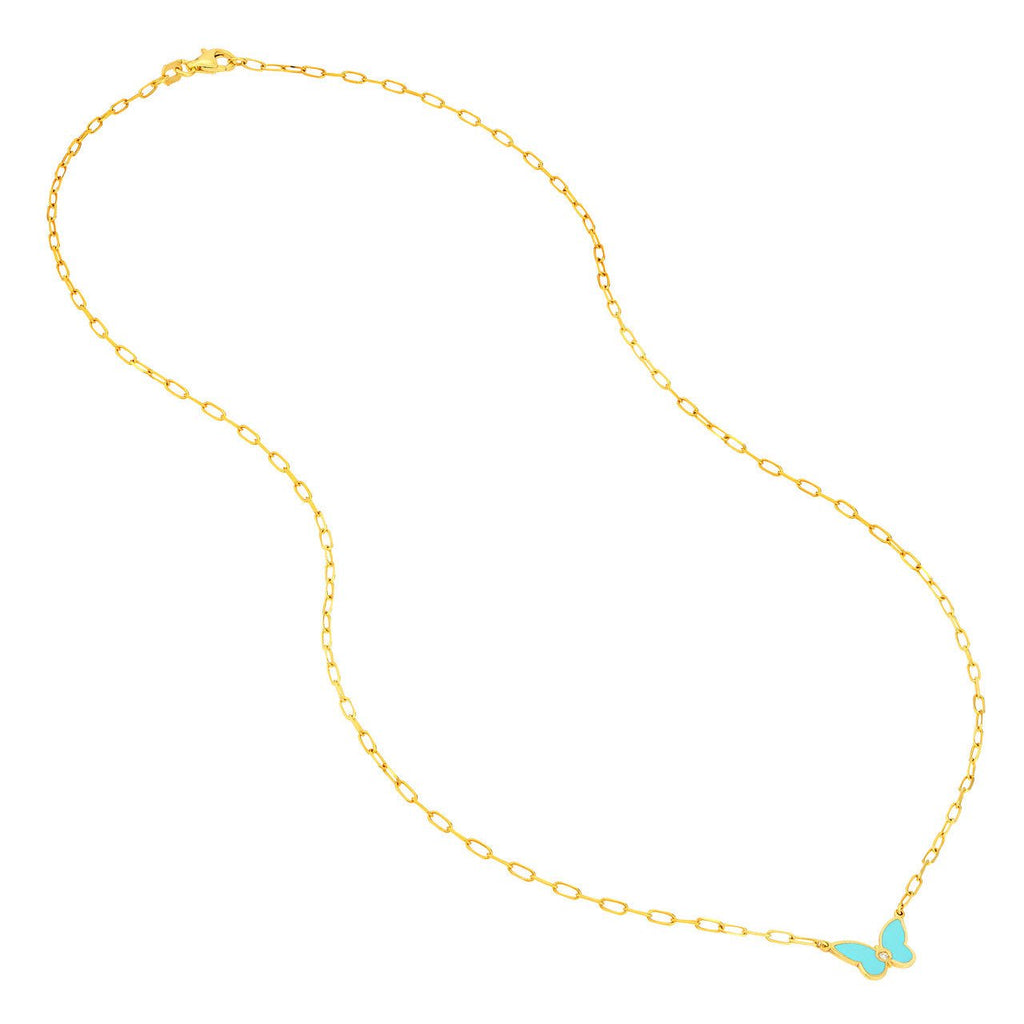 14K Gold Turquoise and Diamond Butterfly Pendant Necklace