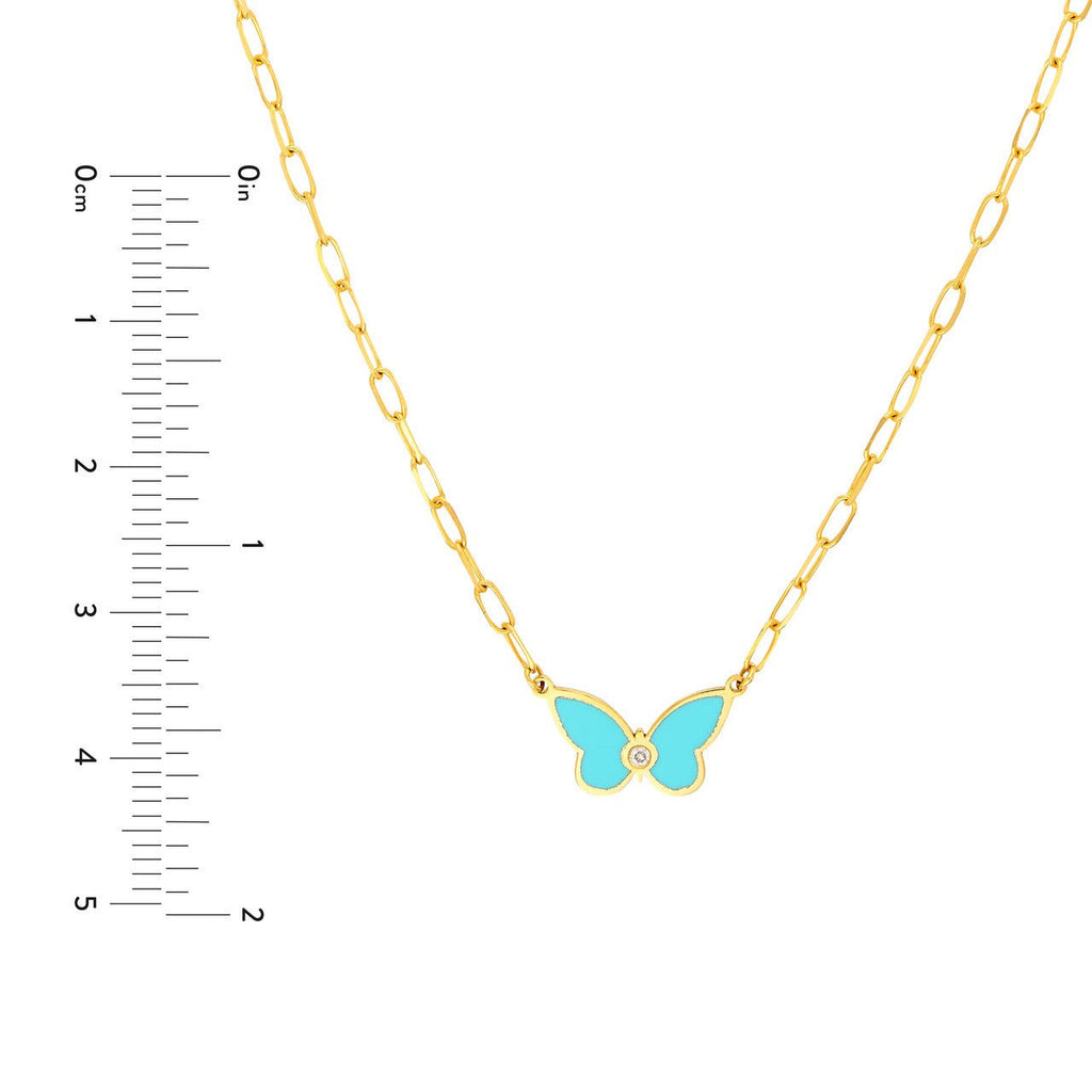 14K Gold Turquoise and Diamond Butterfly Pendant Necklace