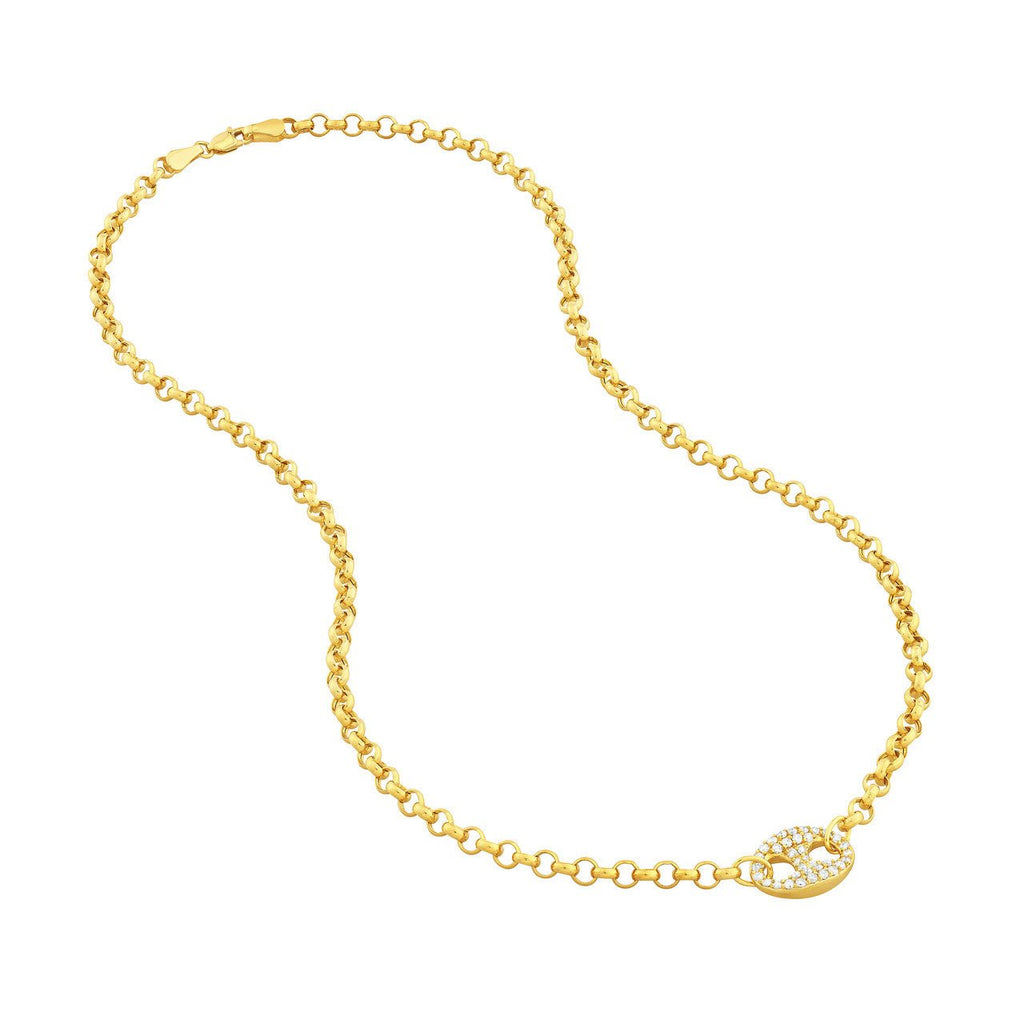 14K Gold Diamond Mariner Pendant Roll Chain Necklace