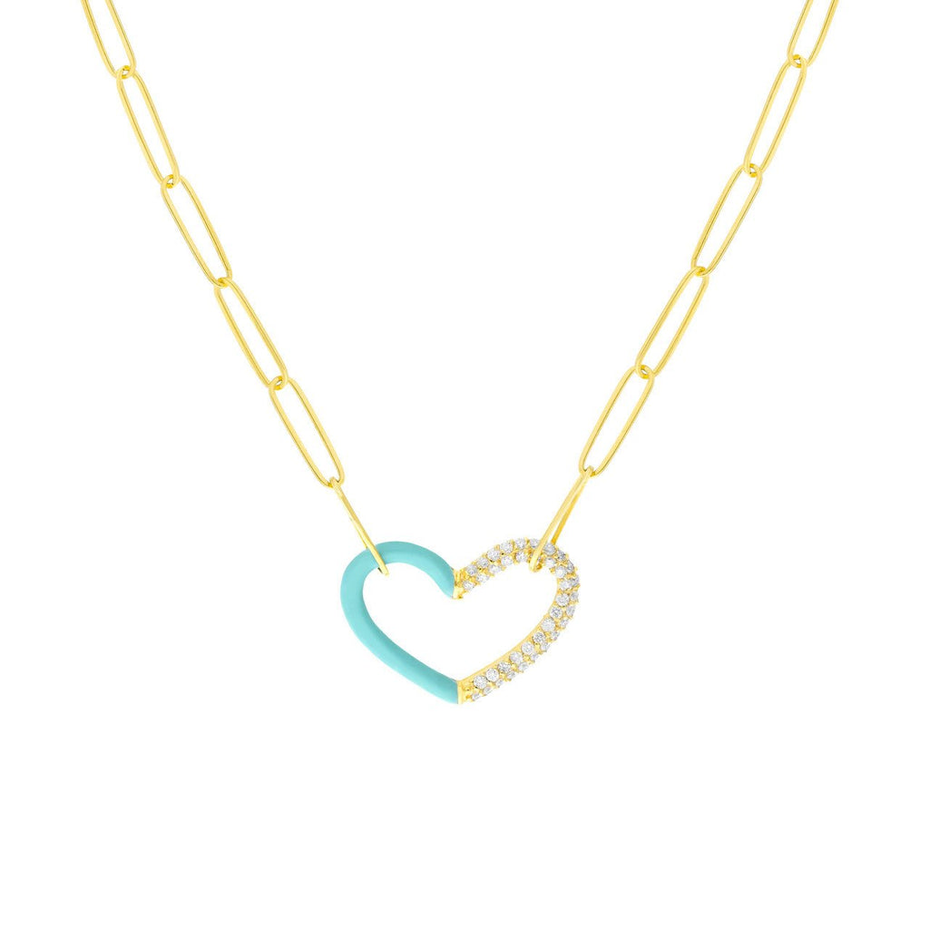 14K Gold Half Turquoise Enamel and Half Diamond Heart Paper Clip Necklace