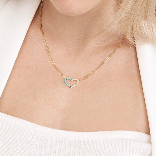 14K Gold Half Turquoise Enamel and Half Diamond Heart Paper Clip Necklace