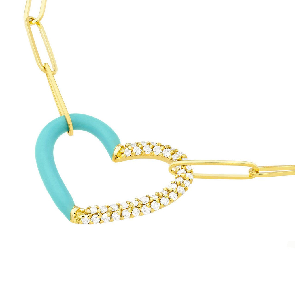 14K Gold Half Turquoise Enamel and Half Diamond Heart Paper Clip Necklace