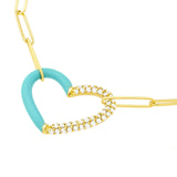 14K Gold Half Turquoise Enamel and Half Diamond Heart Paper Clip Necklace