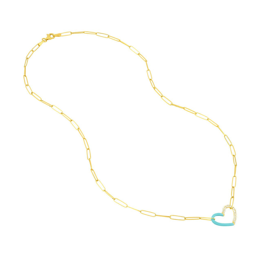 14K Gold Half Turquoise Enamel and Half Diamond Heart Paper Clip Necklace