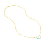 14K Gold Half Turquoise Enamel and Half Diamond Heart Paper Clip Necklace