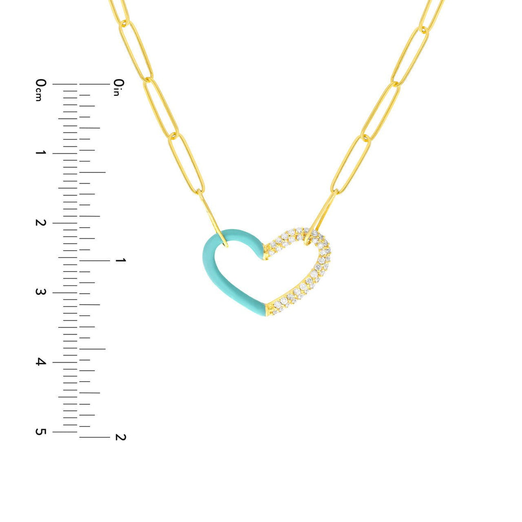 14K Gold Half Turquoise Enamel and Half Diamond Heart Paper Clip Necklace