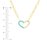 14K Gold Half Turquoise Enamel and Half Diamond Heart Paper Clip Necklace
